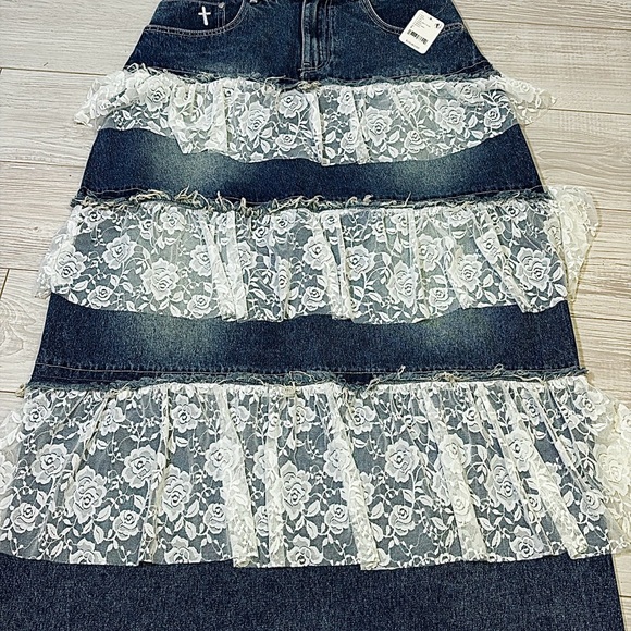 The Ragged Priest Babydoll Denim and Lace Layered Midi Skirt. Dark Dirty Wash. - Picture 3 of 5